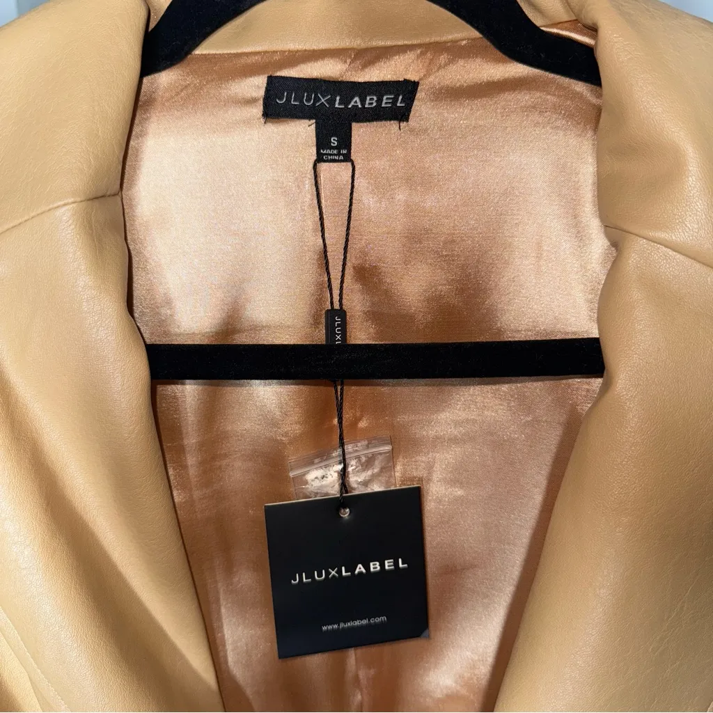 JLUXLABEL Camel Faux Leather One Button Front Belted Blazer Jacket - Image 7