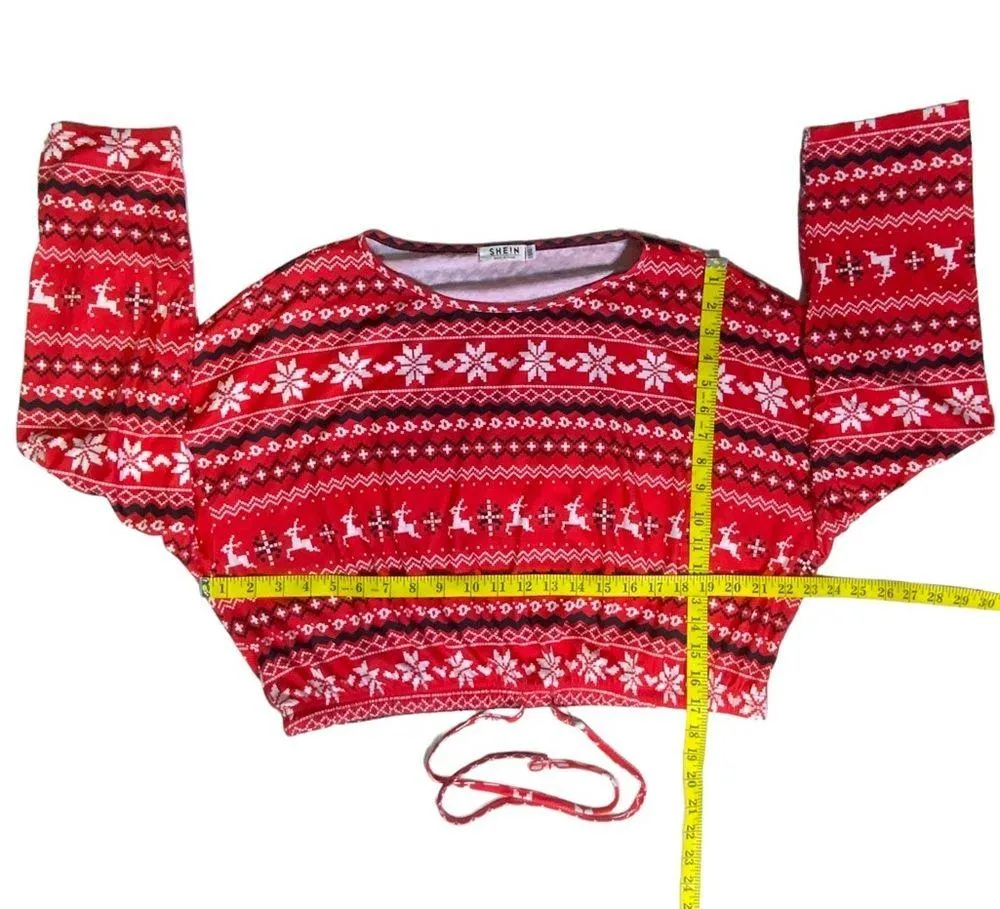 Christmas Crop Top Holiday Tee Blouse Shirt Long Sleeve Stretchy Red White 1XL - Image 4