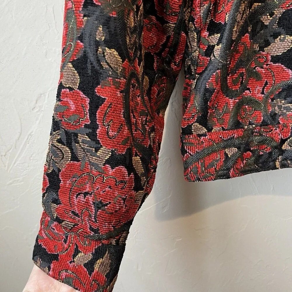 Coldwater Creek Red Embroidered Floral Corduroy Jacket Medium Holiday Gold Boho - Image 3