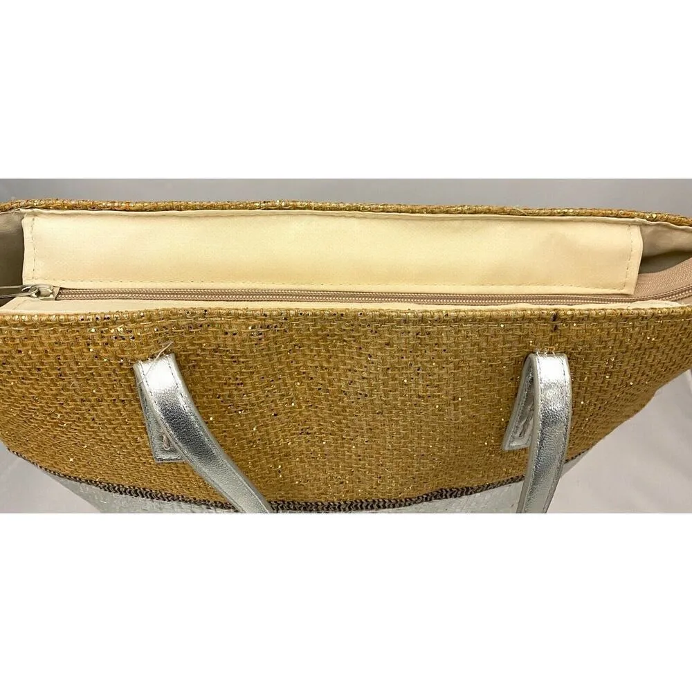 New Molly Bracken Burlap + Silver Gold Metallic tote eco shopper bag Beach - Image 6
