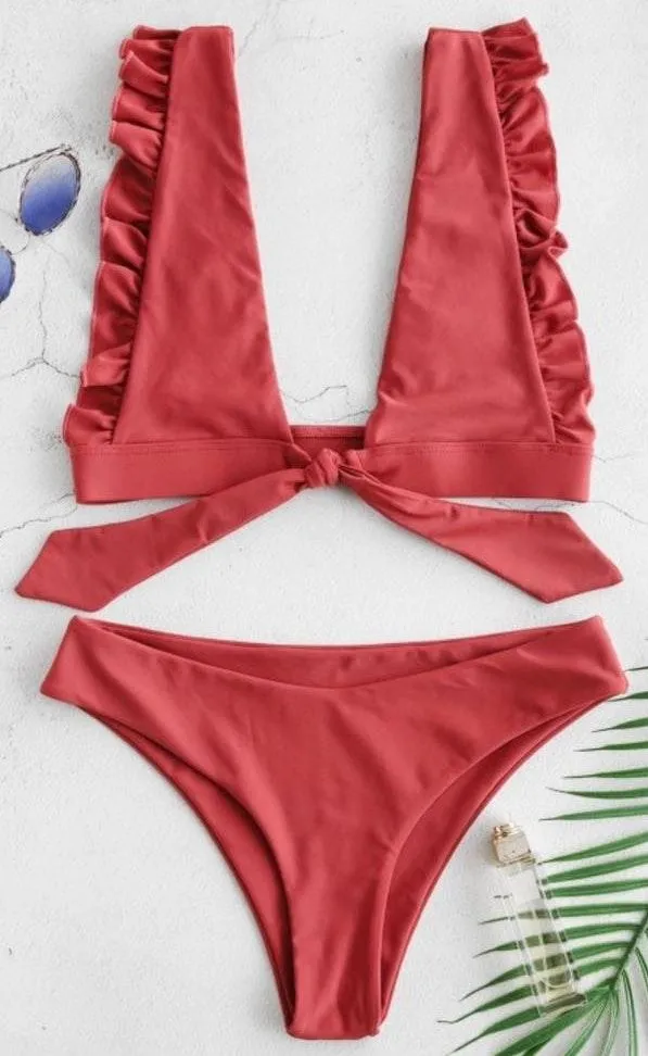 Zaful Ruffle Bralette Tied Bikini Set - Image 3