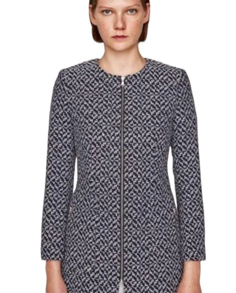 Zara Padded Shoulder Tweed Full Zip Coat in Navy Blue/White - Image 2