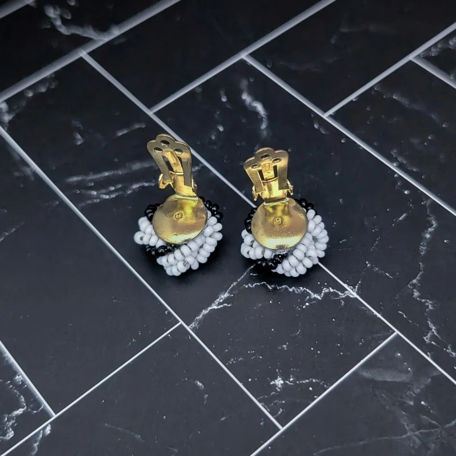 Vintage Clip On Earrings Retro Black & White Beaded Wrap Knot Design - Image 4