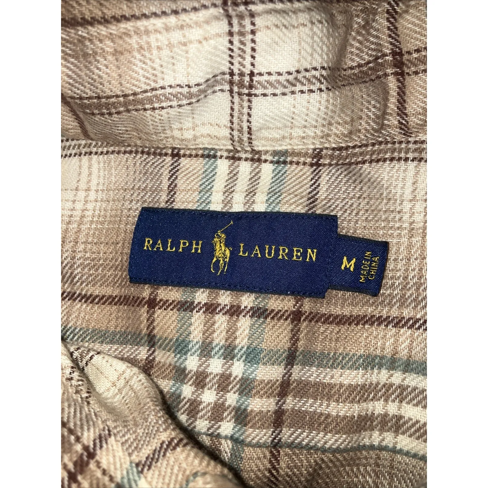 Polo Ralph Lauren Flannel Shirt Top Women Medium Beige Brown Plaid Pony‎ Preppy - Image 5