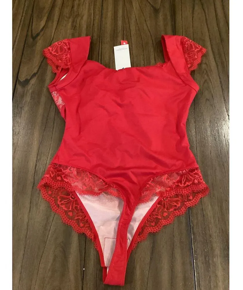 Popilush Sexy shapewear deep v cap sleeve lace Tummy Control top bodysuit red M Size M - Image 4