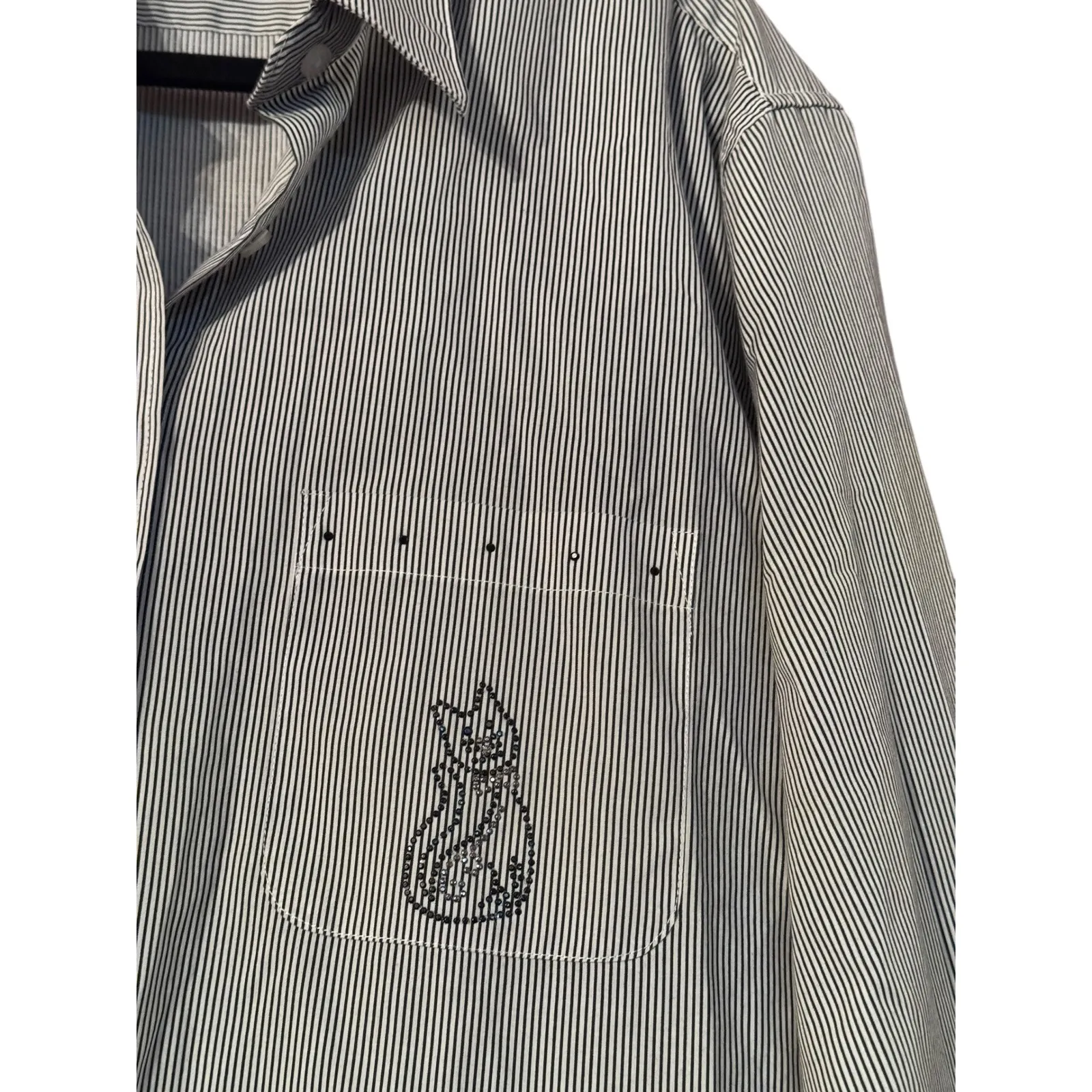 LASOLAS Pinstripe Button Up Shirt Rhinestone Cat Embellished Pockets L Black Size L - Image 3
