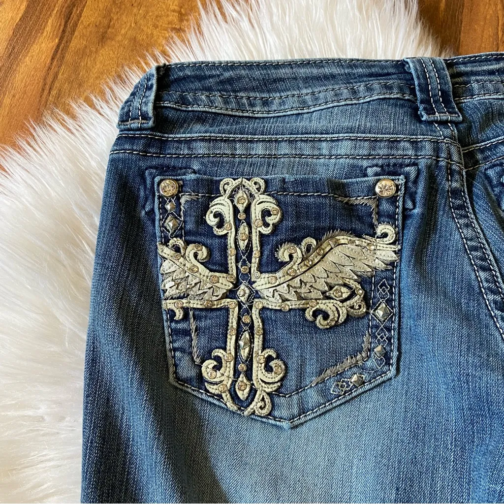 Y2k Miss Me Embellished Angel Wings Cross Pockets Low Rise Boot Cut Jeans - Image 9
