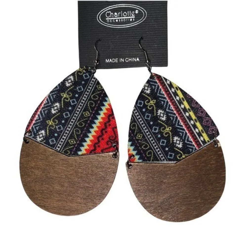 New NWT Wooden Fabric Covered Boho Aztec Dangle Earrings Red Black Colorful - Image 2
