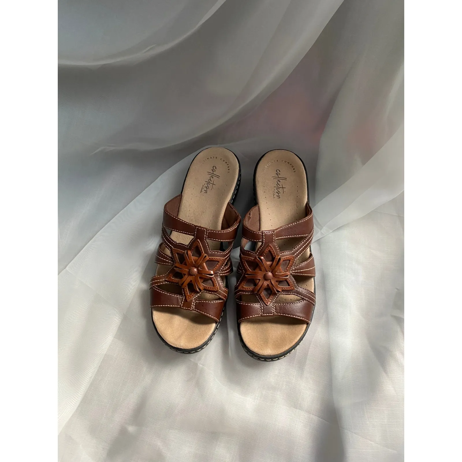 Vintage Leather Floral Star Brown Wedge Sandals 8.5 Y2K 90s Bohemian Festival - Image 3