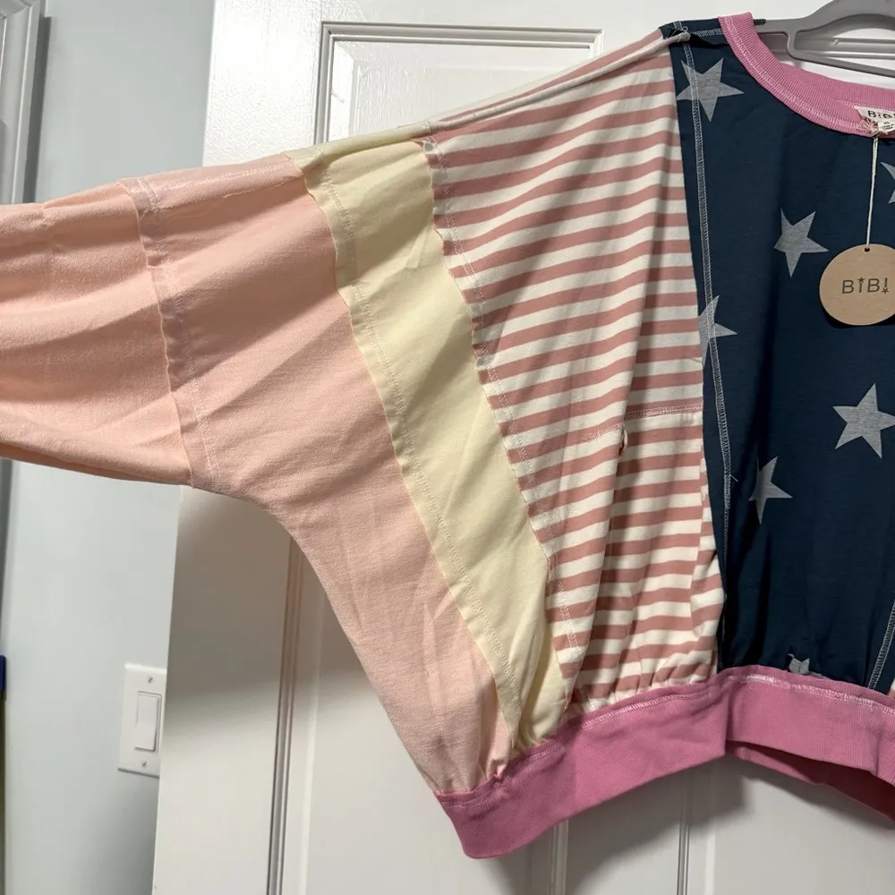 BiBi Stars and Stripes Round Neck Long Sleeve Top Pink Blue White Size Large - Image 3