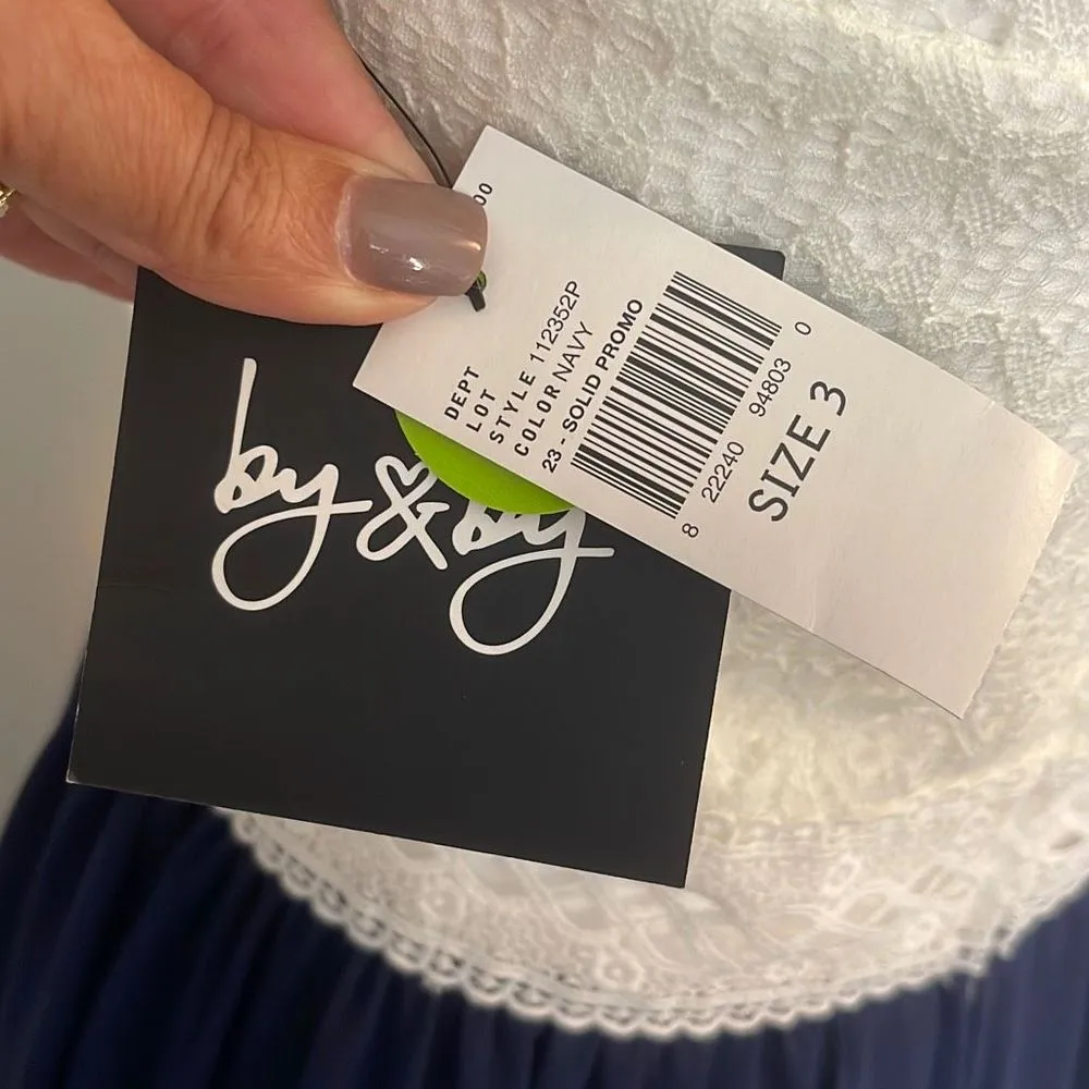 By & By Womens Lace Dress Lined Hi Low Fit Flare Sleeveless Cream Navy Blue 3 - Image 8