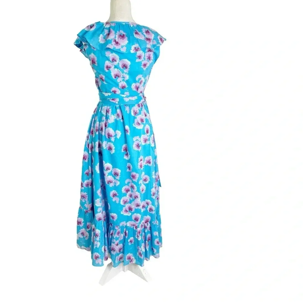 NWT Banjanan Anthropologie Elise Cotton Floral Wrap Midi Dress Blue Size XS - Image 11