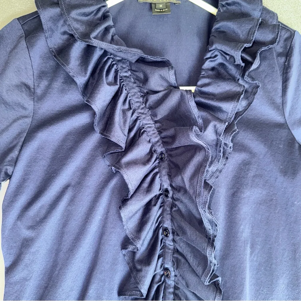 Ralph Lauren Black Label Navy Ruffled button up short‎ sleeve Blouse size Medium - Image 5