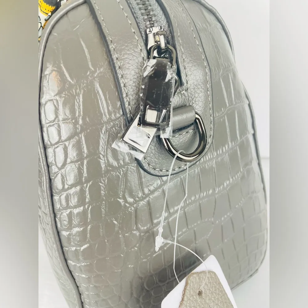 Genuine Leather Gray Crocodile Crossbody Shoulder Strap Bag With Scarf Detail - Image 12