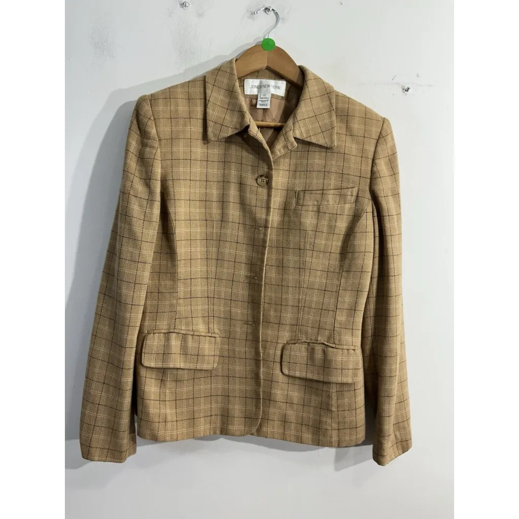 Womans Jones NY Button Down Blazer 12 Brown Plaid Lined Shoulder Pads - Image 2