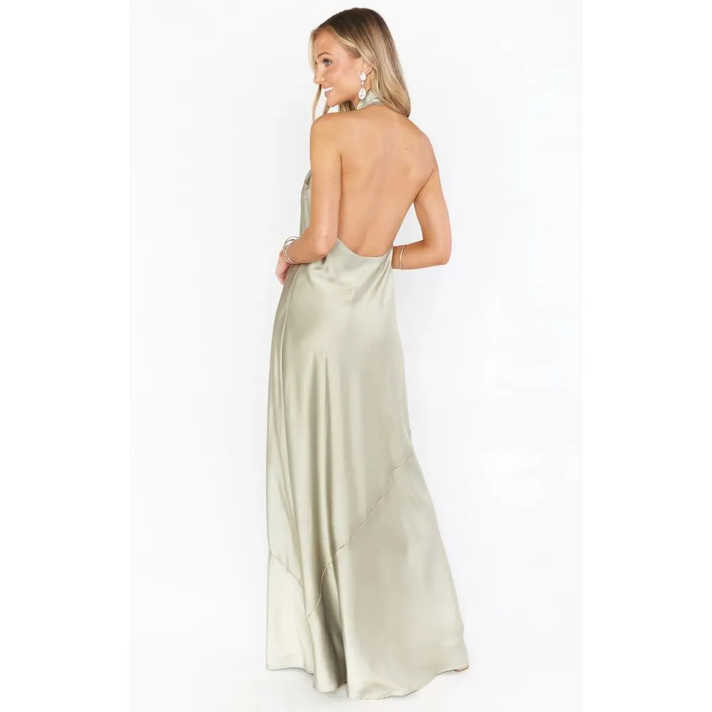 Show Me Your Mumu Jasmine Halter Maxi Dress Moss Green Luxe Satin XS - Image 10