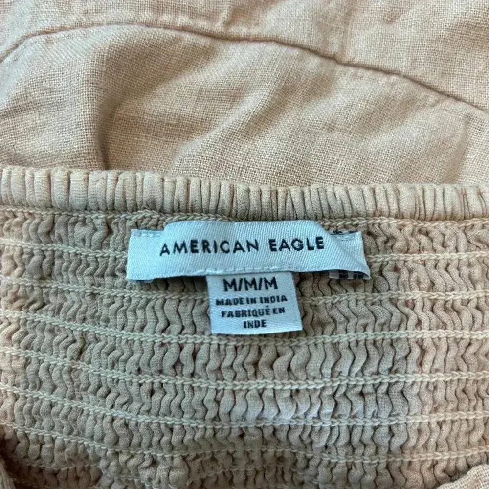 American Eagle Ruffled Hem Cropped Halter Top Beige Smocked Back Size M - Image 3