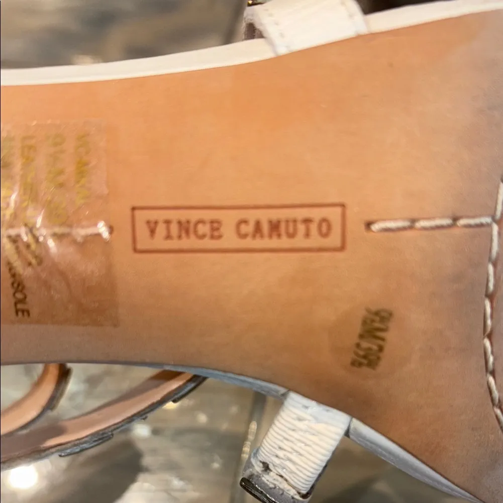 Vince Camuto White Mikal Leather Heeled Sandals w/ Gold Studs & Zipper Back EUC - Image 12