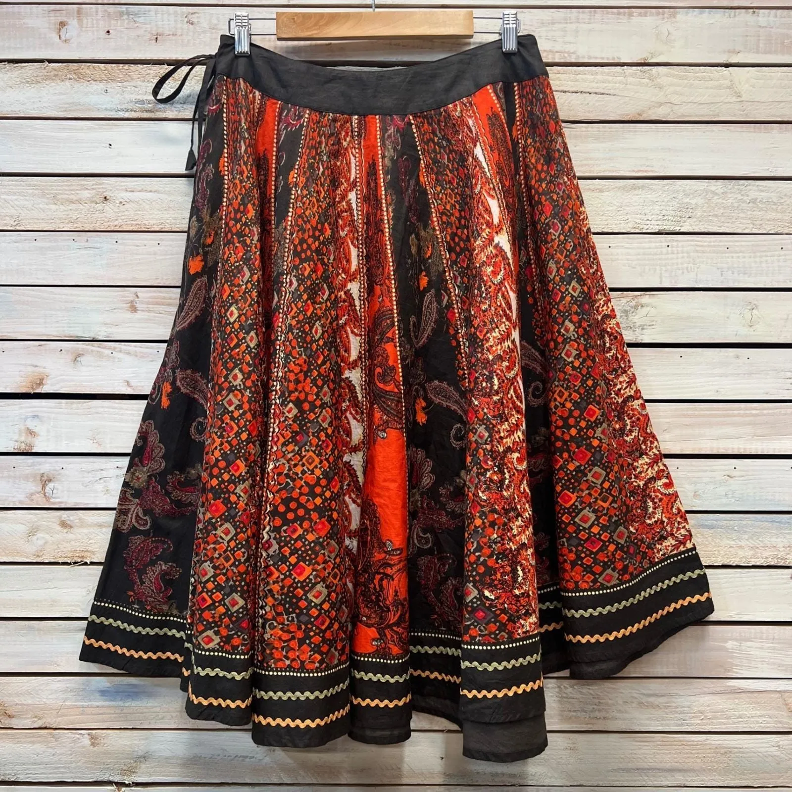 Vintage Mix Nouveau 100% Cotton Boho Patchwork Paisley Midi Skirt Red Black M Orange Size M - Image 3