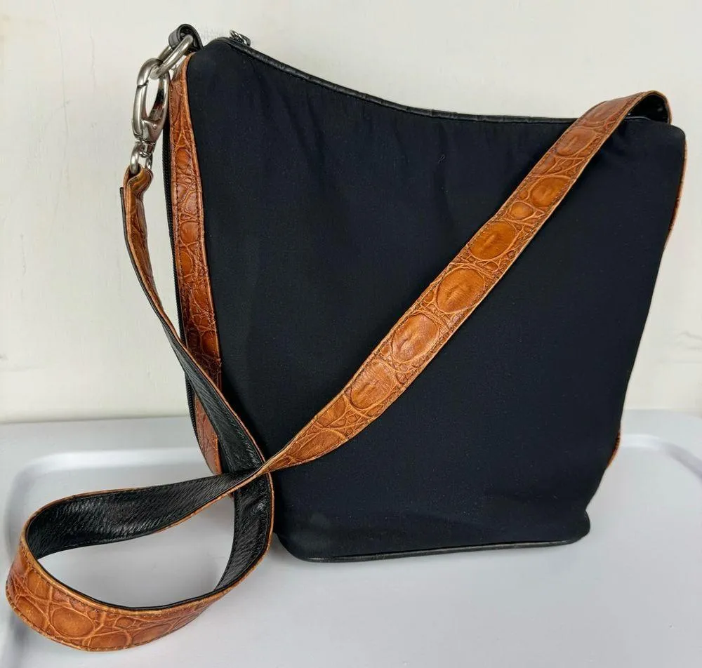 Vtg Donald J Pliner Bucket Bag Nylon Croc Embossed Leather Shoulder Bag Black - Image 4