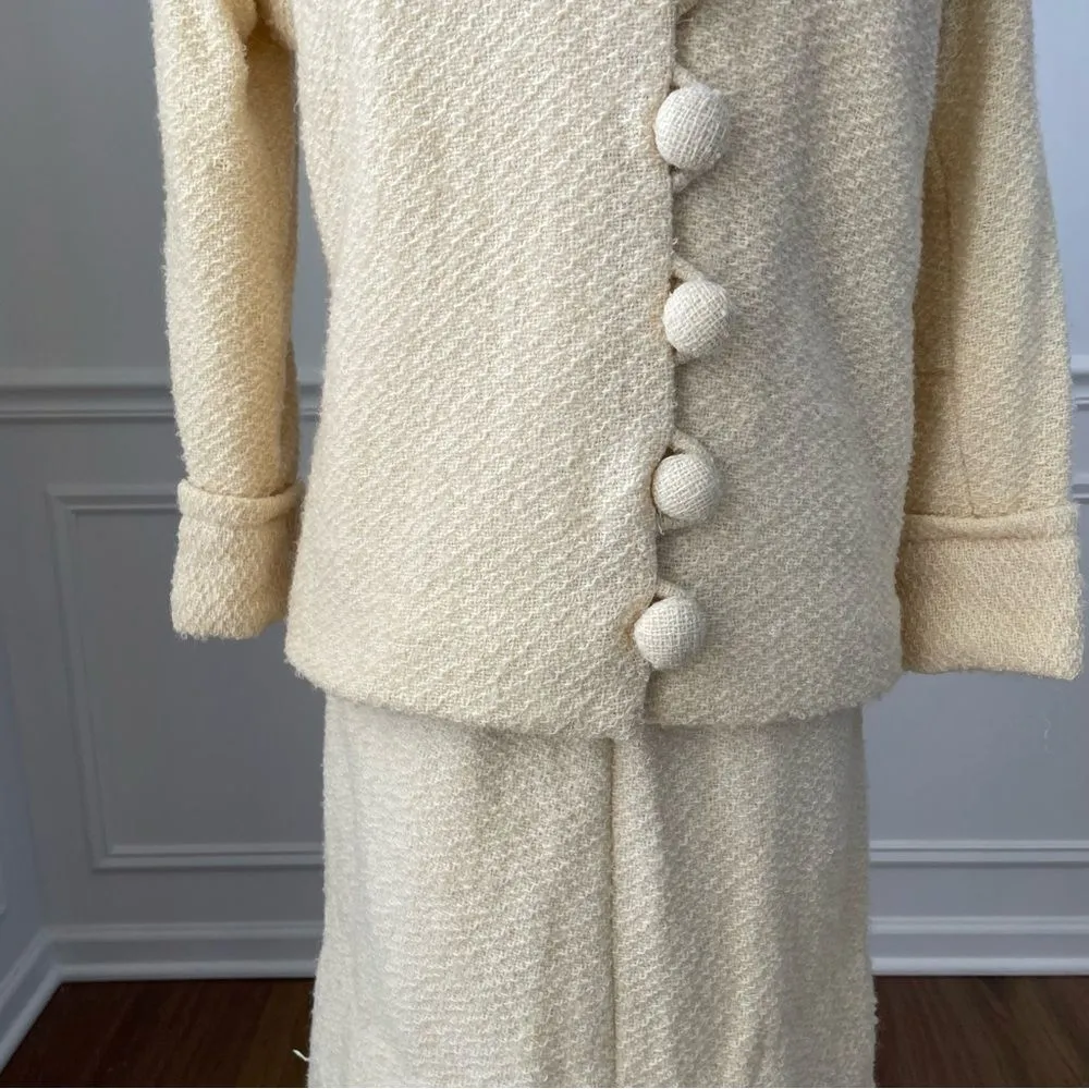 Vintage 60s  Jackie O Kennedy Skirt Suit Jacket Cream XS S - Image 4