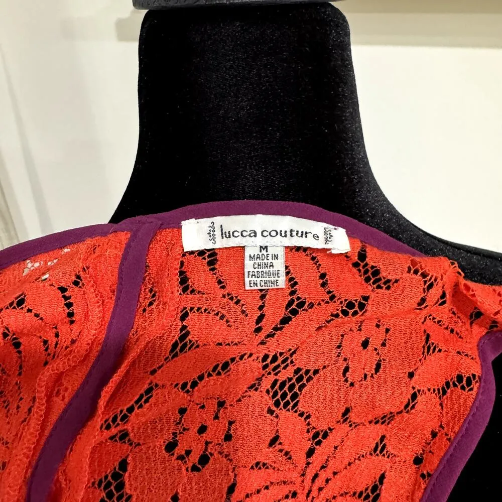 Burnt Orange Sheer Lace Tank Top with Purple Piping Women's Size Medium - Image 5