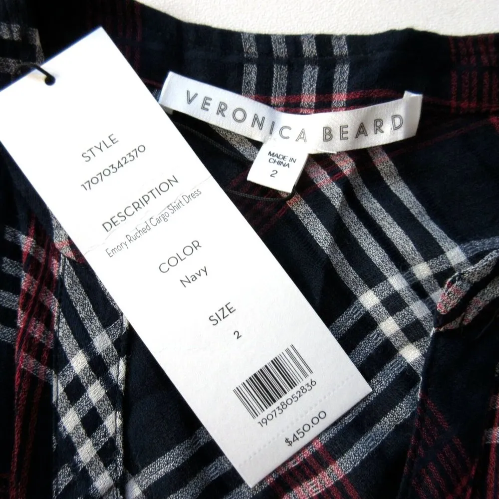 NWT Veronica Beard Emory in Navy Red Plaid Ruched Cargo Short Dress 2 $450 - Image 4