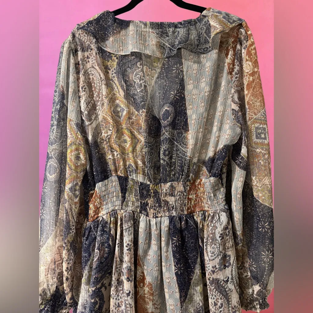 Zara Navy & Orange Paisley Ruffled V-Neck Mini Dress w/ Peasant Sleeves - Small - Image 12