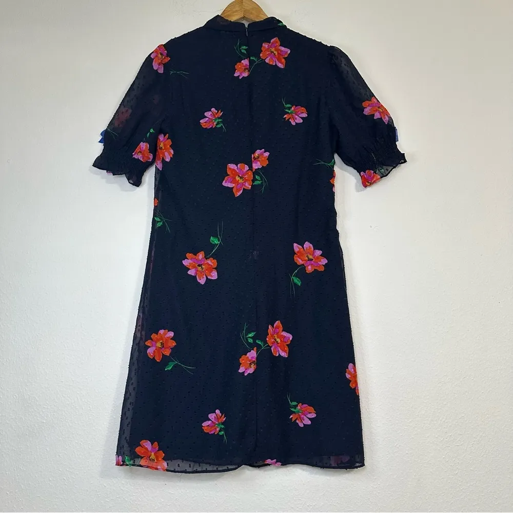 DKNY Party Floral Navy and Pink Flower Bow neck Ruffle Sheer Sleeves Mini Dress - Image 3