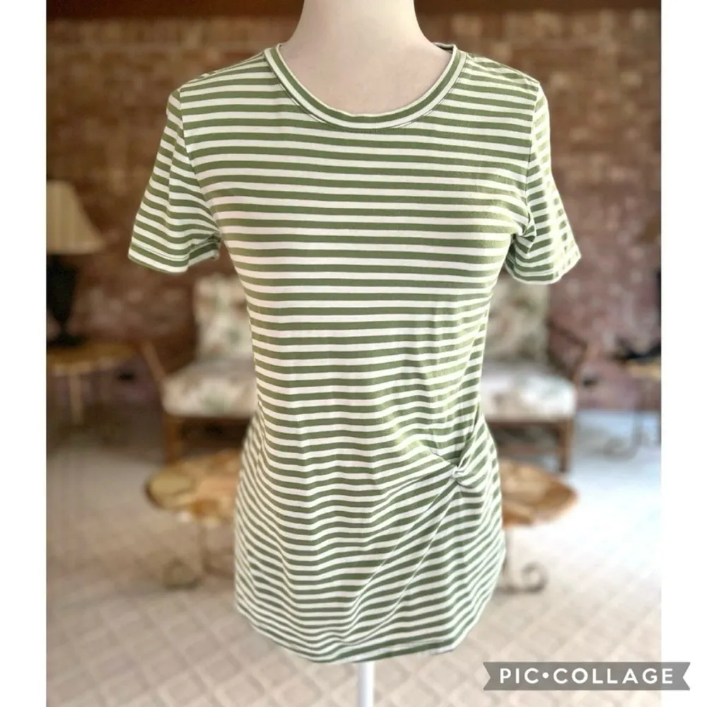 Banana Republic Tee Shirt Striped Green Twist Knot Green Top XS Short Sleeve Mod - Image 2