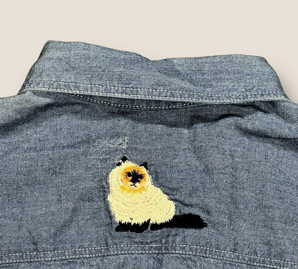 Vintage 90’s Embroidered Cats Denim Jean Jacket Blue Size M - Image 4