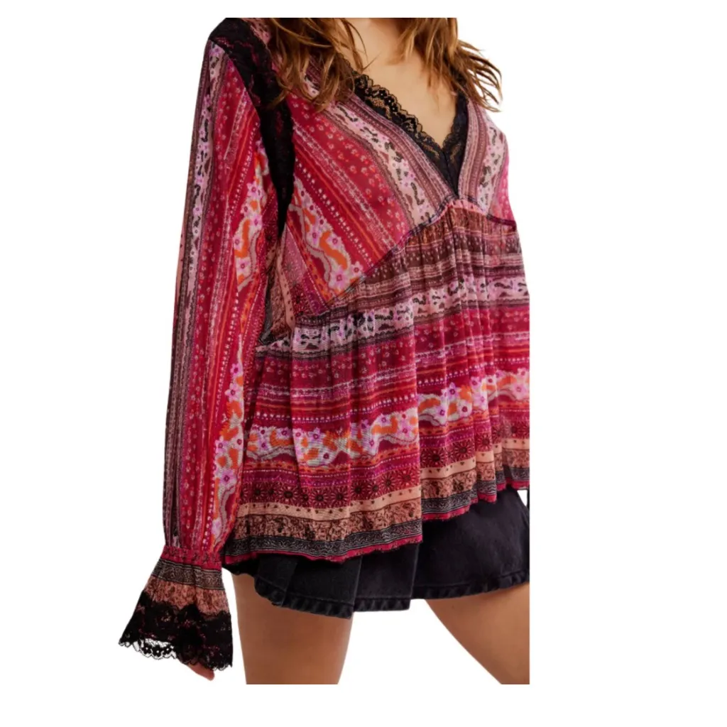 Free People Natalie Printed Long Sleeve Top in Plum Combo sz XS NWT $128R - Image 6