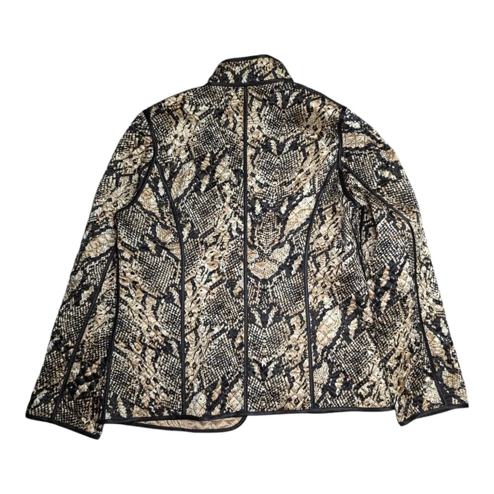 Chico's Black Champagne Gold Snakeskin Print Quilted Satin Open Front Jacket 1 S - Image 2
