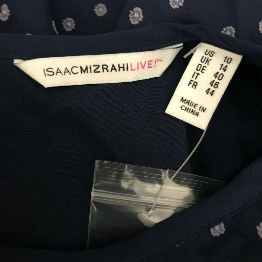 Isaac Mizrahi Live! Bi-Color Clipped Dot Peasant Blouse Lace Trim Navy Blue 10 - Image 3