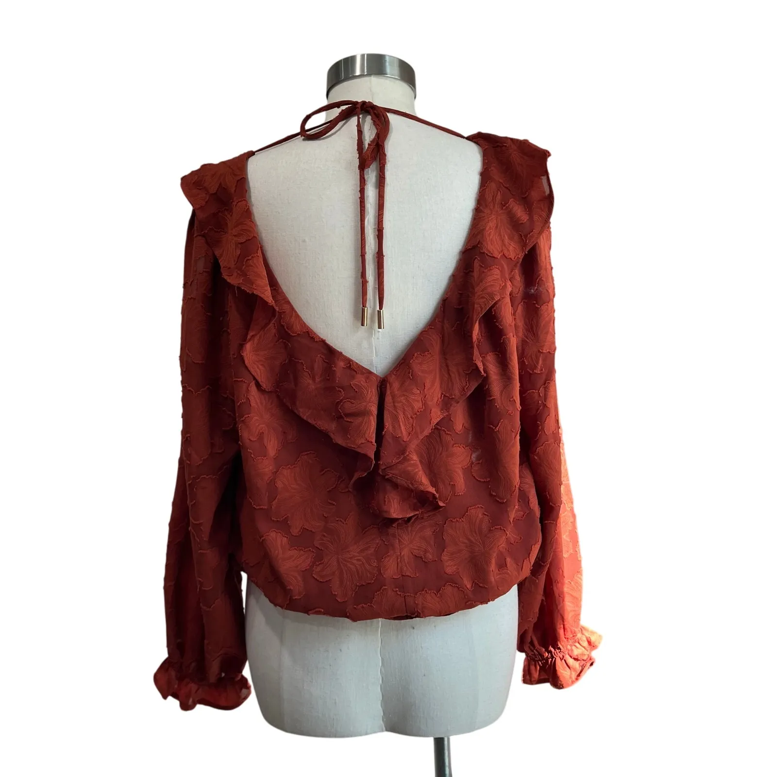 Anthropologie Textured Long Sleeve Floral Blouse in Crimson Rust Orange Sz L - Image 3