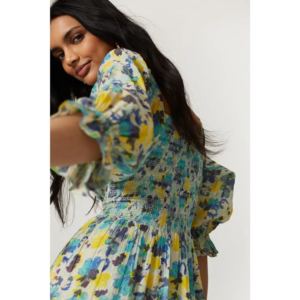 LoveShackFancy Blue Capri Floral Print Smocked 3/4 Sleeve Midi Dress Size Medium - Image 5