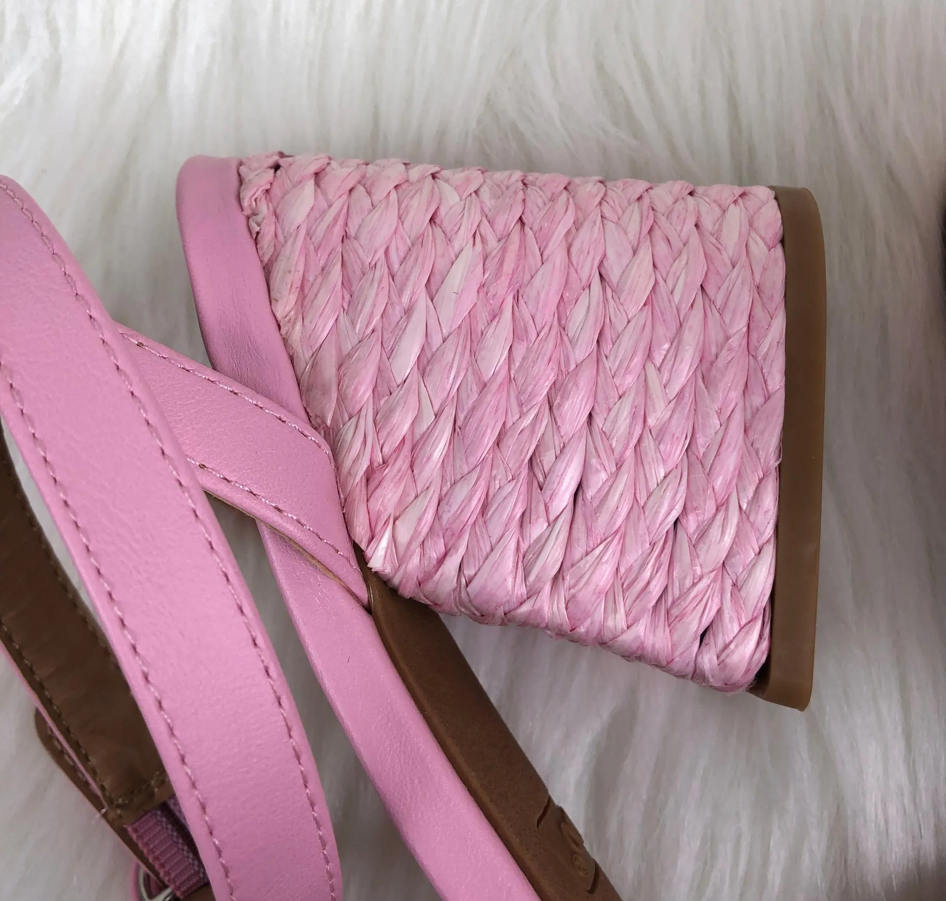 Bamboo New  Maddy Braided Raffia Open Toe Buckle Strap Block Heel Sandals Shoes Pink - Image 8