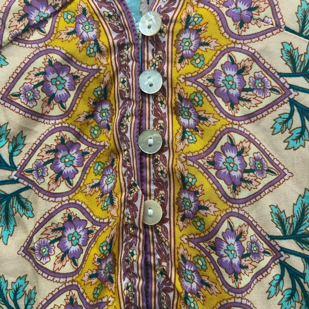 R. Vivemos turquoise yellow w four buttons size large tunic style flowy top Blue - Image 5