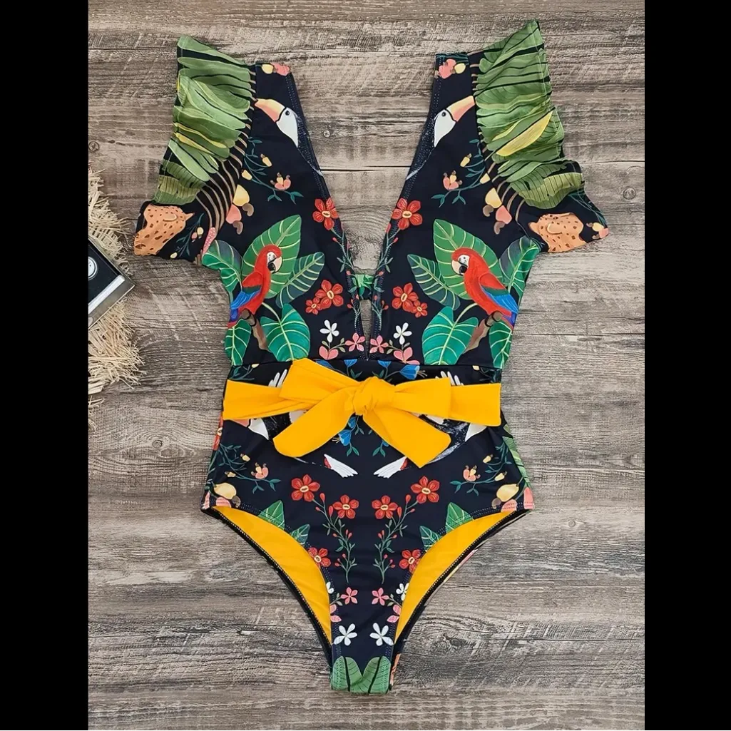 Summer cute safari printed 90's vibe style one piece swimsuit with Self belt tie Green Size M - Image 3