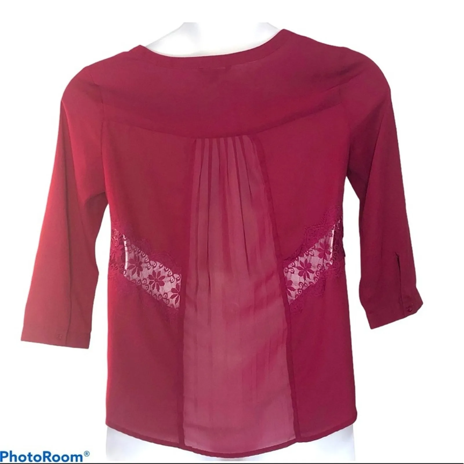 American Eagle Semi Sheer Burgundy Lace Blouse Medium 3/4 Sleeve Business Casual - Image 3