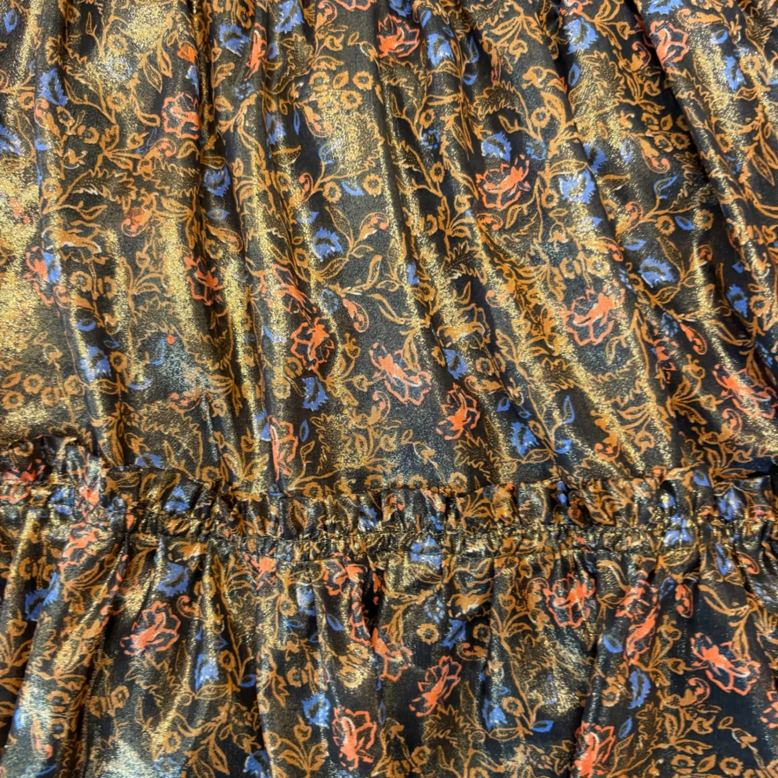 Free People Bubble In‎ Mini Skirt. Tiered metallic Smocked Waist Floral Bronze L - Image 9