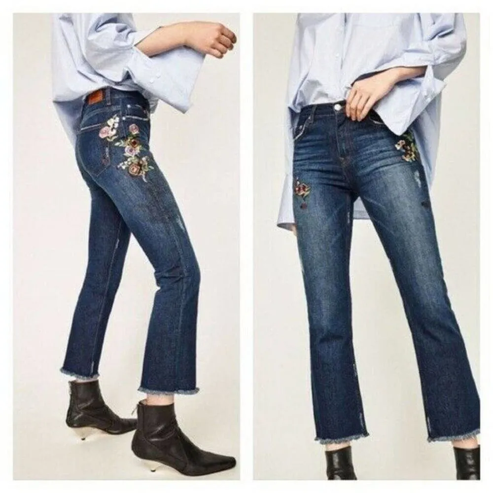 ZARA WOMAN Bootcut Embroidered Floral Jeans Ladybug Size 2 Cropped Novelty Cute - Image 11