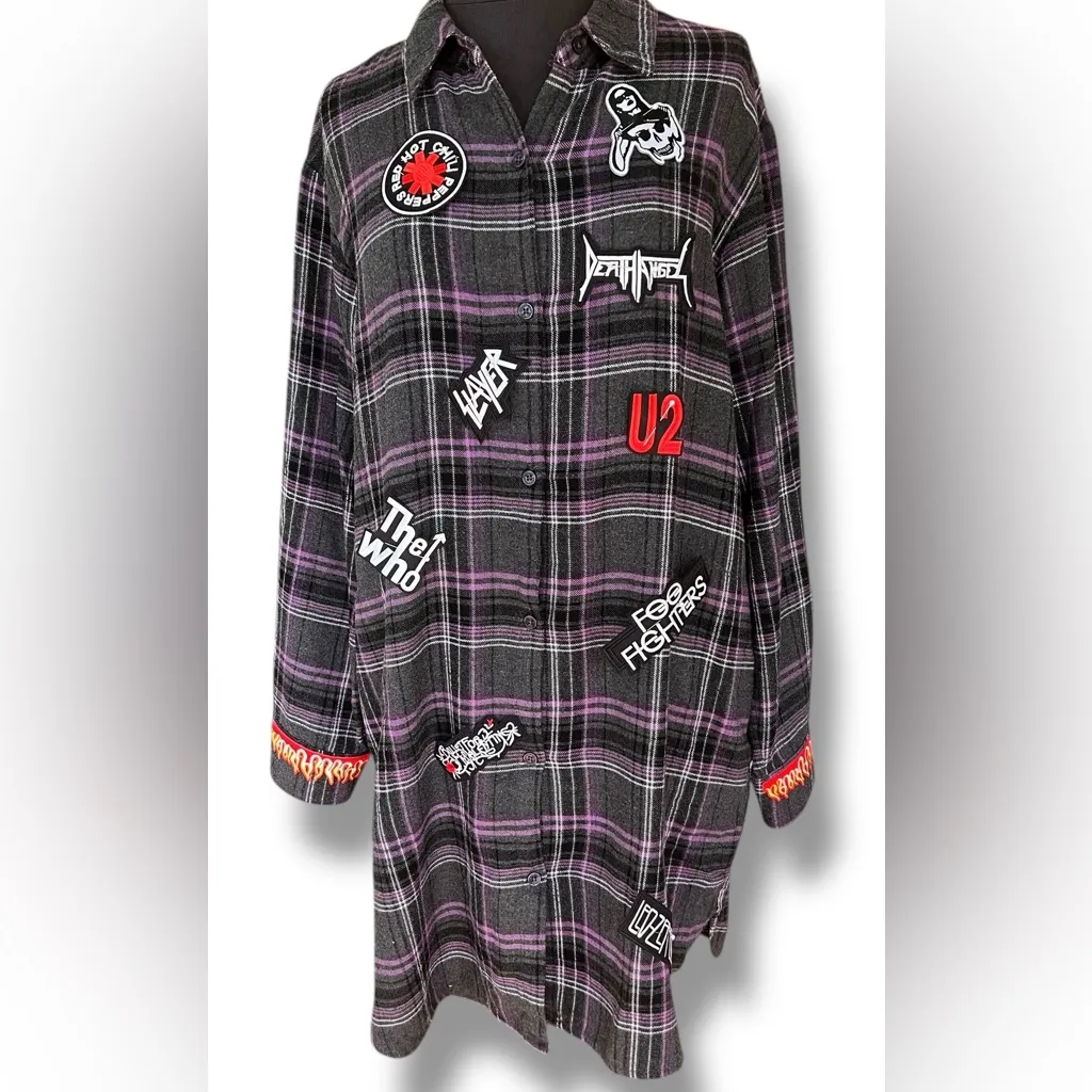 Plaid Flannel Grunge Rock Punk Dress Baggy Purple Black Large All Over Patches - Image 2