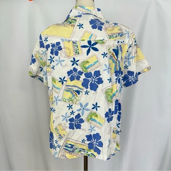 Erinlondon‎ Hawaiian Top Blouse Womens Large Linen Blend Button Up Tropical Green - Image 4