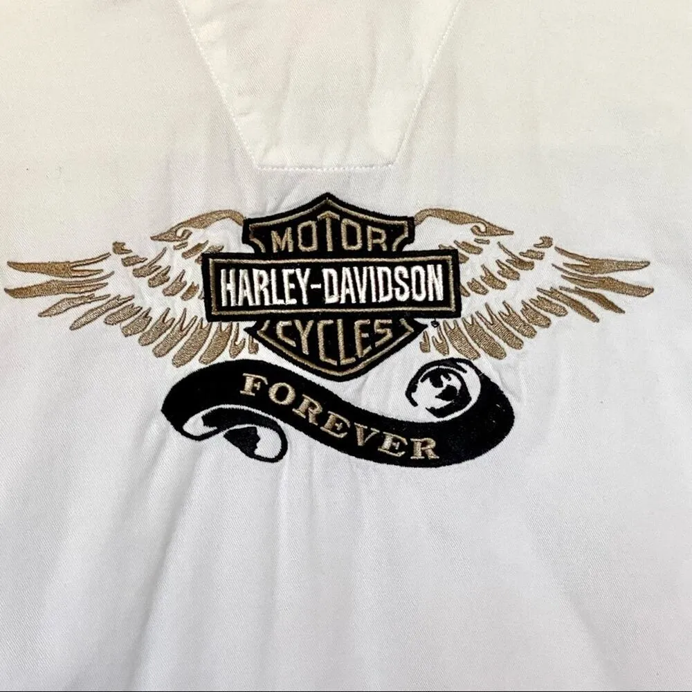 Harley Davidson vintage white denim  Forever logo snap front long sleeve shirt M - Image 8