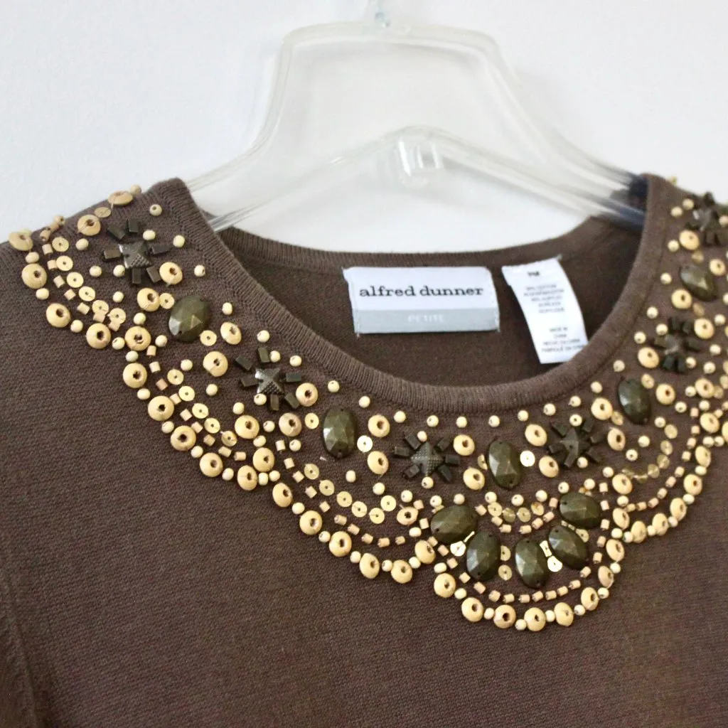 Alfred Dunner Brown Beaded Short-Sleeve Sweater Blouse Medium Petite - Image 2