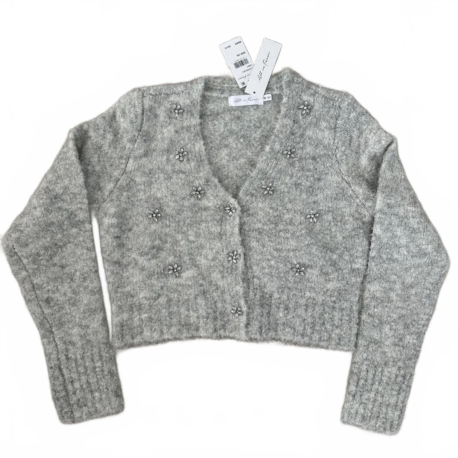Wool Blend Rhinestone Flower Detail Fuzzy Cardigan All in Favor NWT Grey XS - Image 3