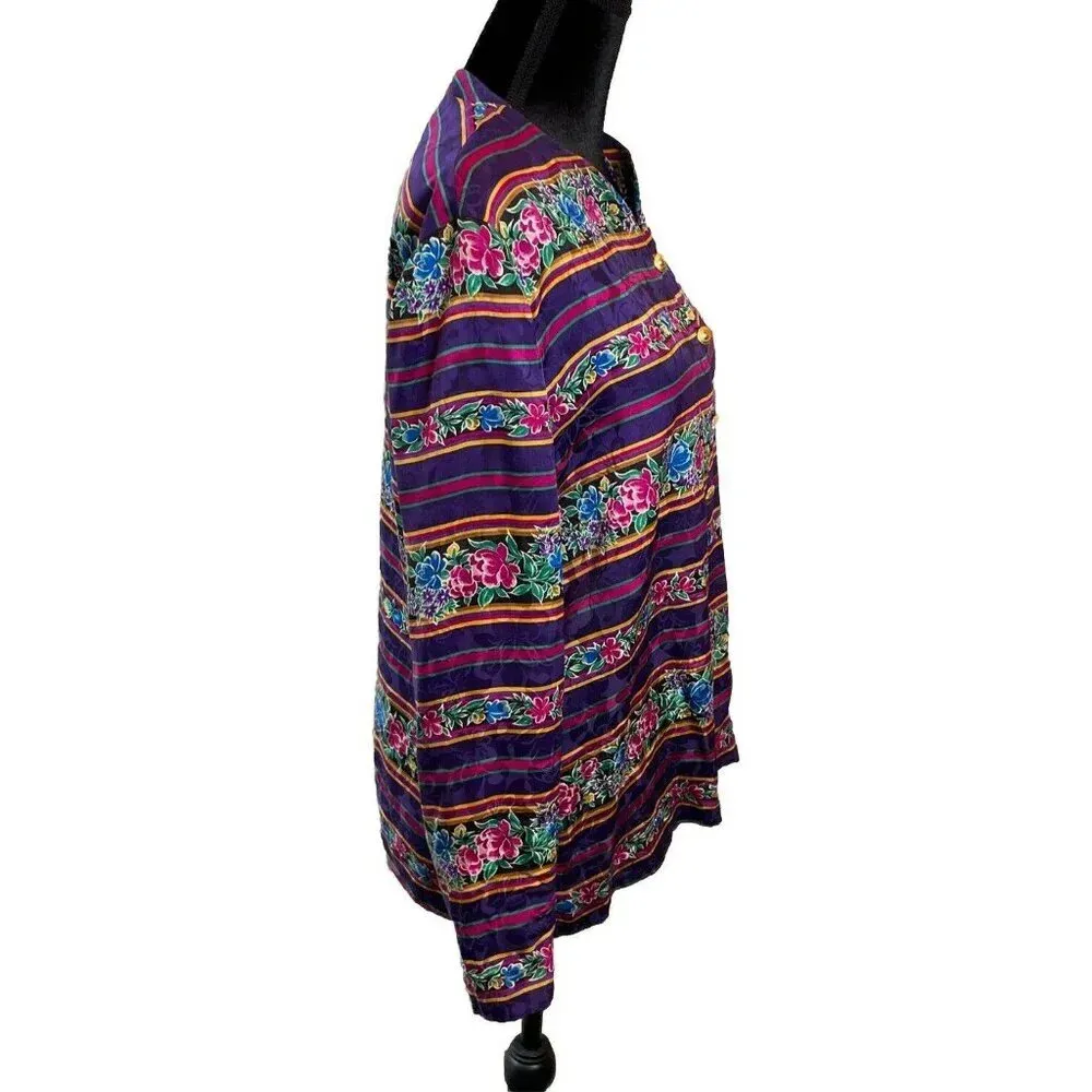 Adrianna Papell 12 Silk‎ Hook & Eye Button Colorful Floral Shirt Granny Boho VTG Purple - Image 4