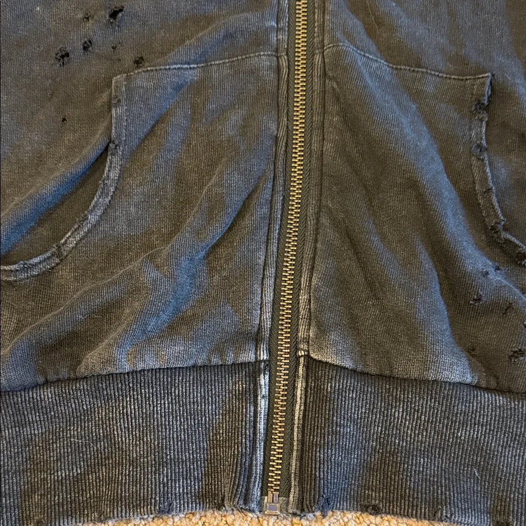 POL Women’s Distressed Dark Grey Hooded Sweatshirt Zipper Wrist Side Detail - M - Image 3