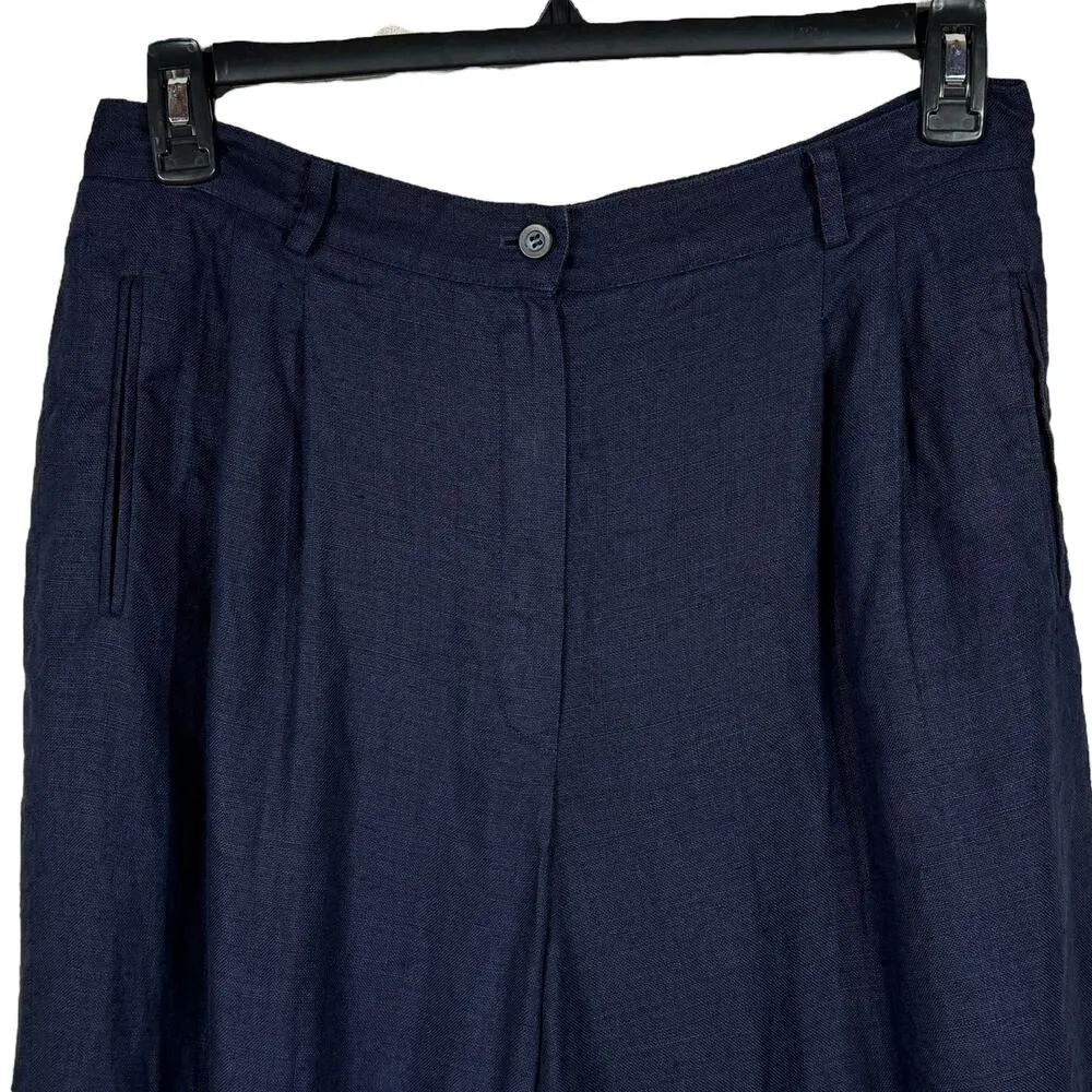 Liz Claiborne Collection SZ 16 Linen Pants Pockets Pleated Zip-Fly Navy Blue - Image 2